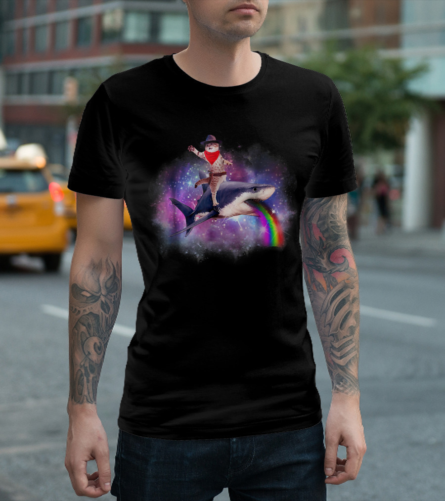 Space Cat Cowboy Riding Rainbow Shark in Galaxy T-Shirt