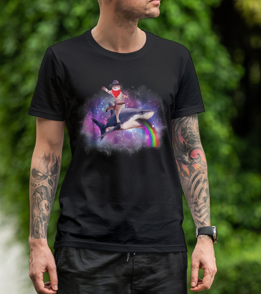Space Cat Cowboy Riding Rainbow Shark In Galaxy T-Shirt