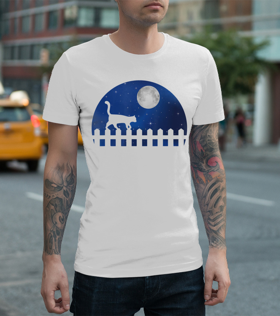 Cat Cat Moon Night Sky Walking Fence T-Shirt
