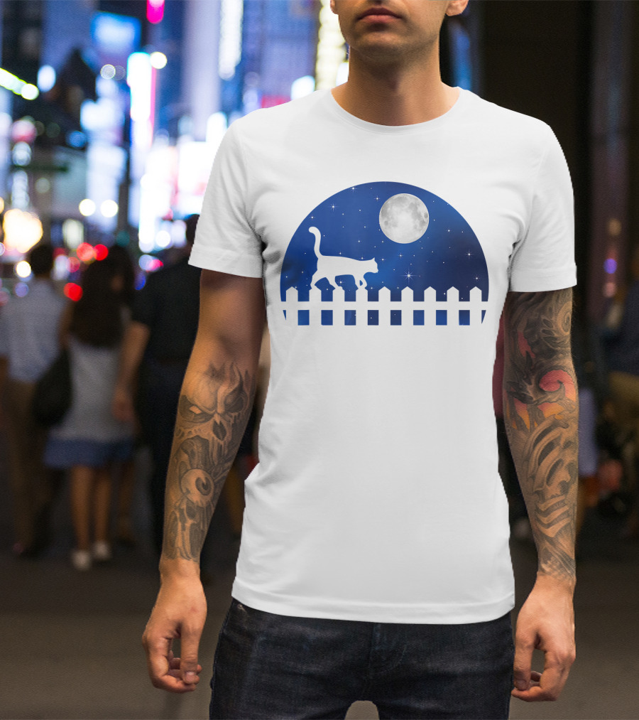 Cat Cat Moon Night Sky Walking Fence T-Shirt