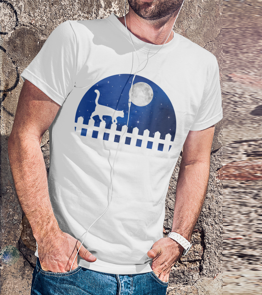 Cat Cat Moon Night Sky Walking Fence T-Shirt
