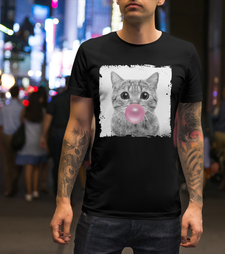 Cute Cat Blowing Pink Bubble Gum For Animal Lover Black And White Sketch T-Shirt