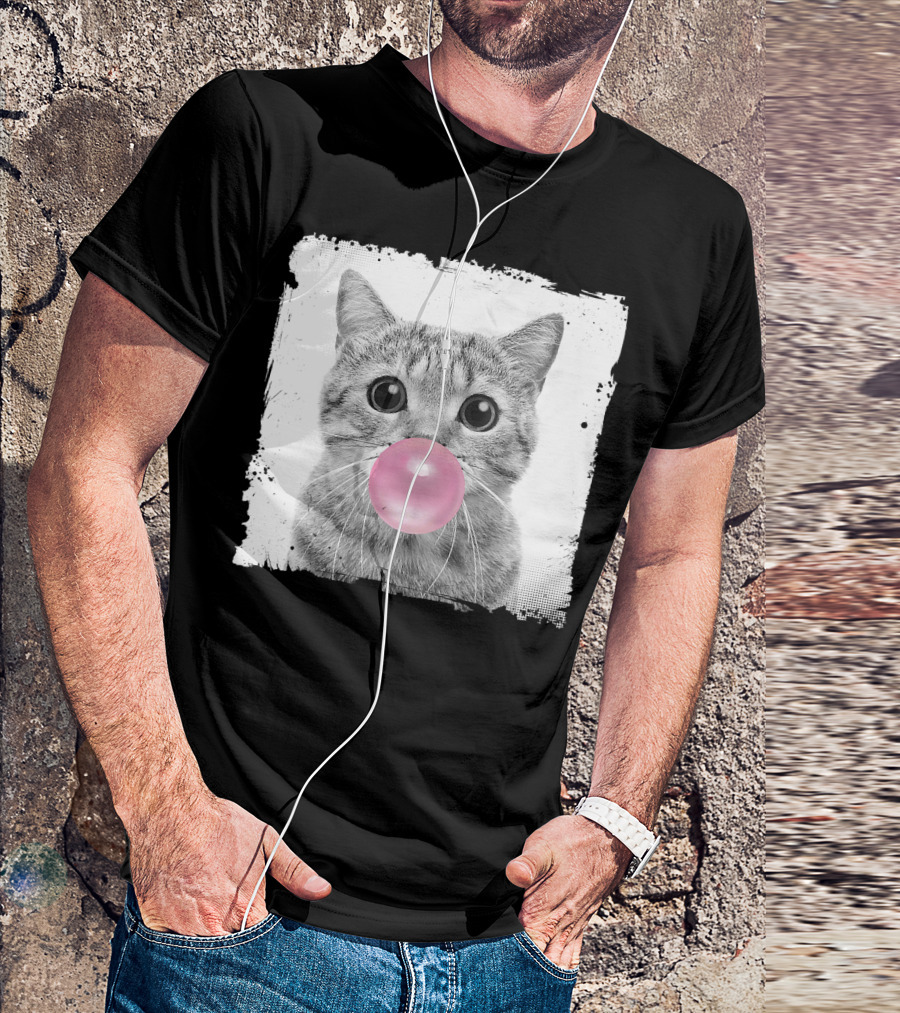 Cute Cat Blowing Pink Bubble Gum For Animal Lover Black And White Sketch T-Shirt