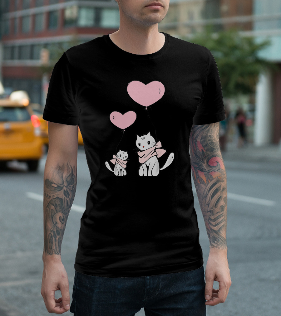 CUTE CATS Wearing Scarves Holding Pink Heart Balloons T-Shirt