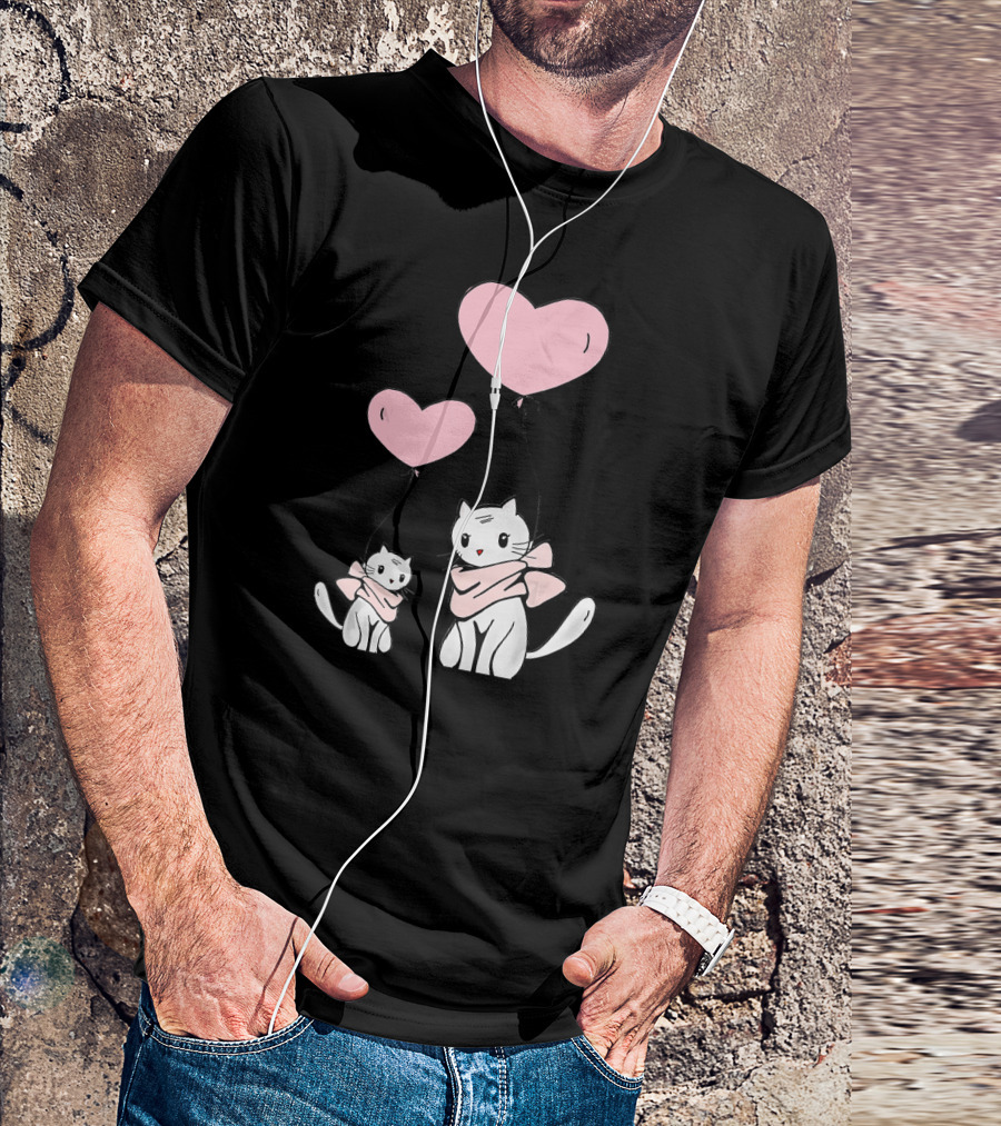 CUTE CATS Wearing Scarves Holding Pink Heart Balloons T-Shirt