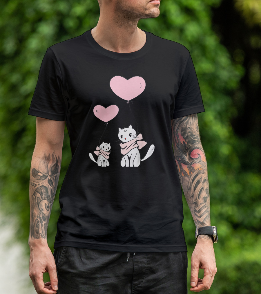 CUTE CATS Wearing Scarves Holding Pink Heart Balloons T-Shirt