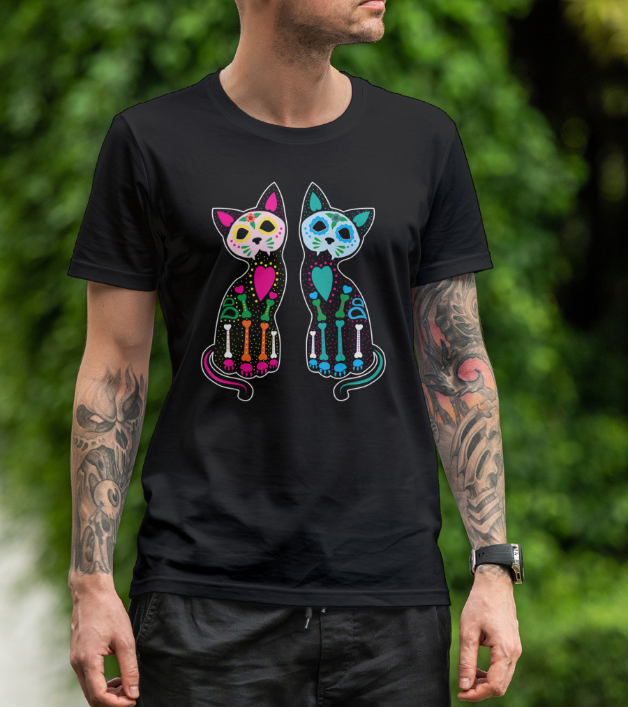 Day Of The Dead Sugar Skull Skeleton Cats T-Shirt