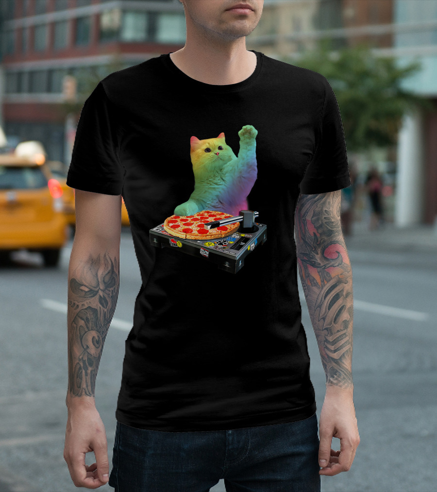DJ Cat EDM Pizza Turntable Colorful Kitty Music Fun T-Shirt
