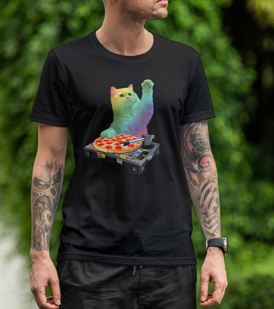 DJ Cat EDM Pizza Turntable Colorful Kitty Music Fun T-Shirt