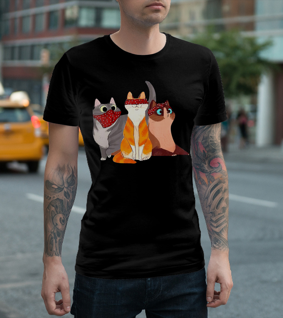 Polka Dot Bandana-Wearing Funny Cats Trio For Lovers T-Shirt