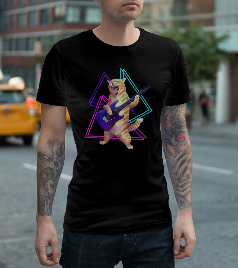 Guitar Cat Rock Kitty on Electric Guitar Neon Triangles T-Shirt