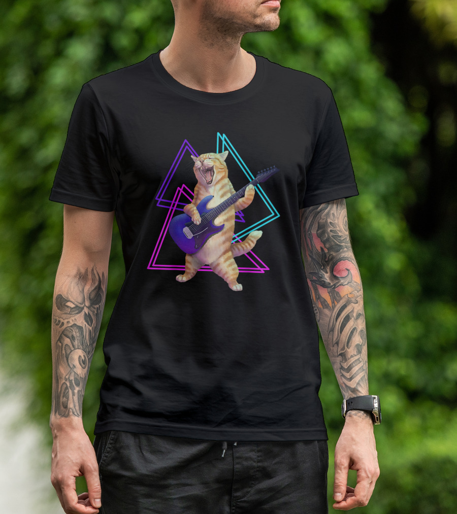 Guitar Cat Rock Kitty On Electric Guitar Neon Triangles T-Shirt