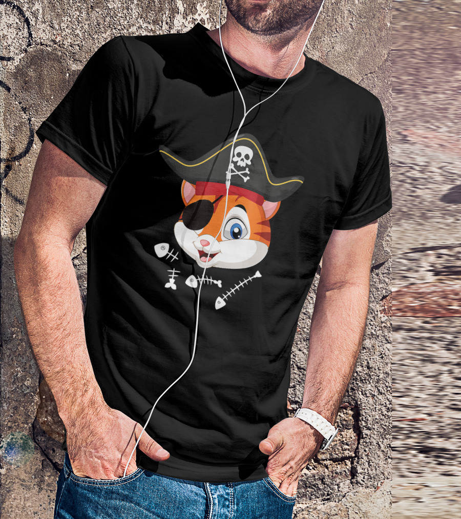 Halloween Pirate Cat With Eyepatch And Fish Bones T-Shirt