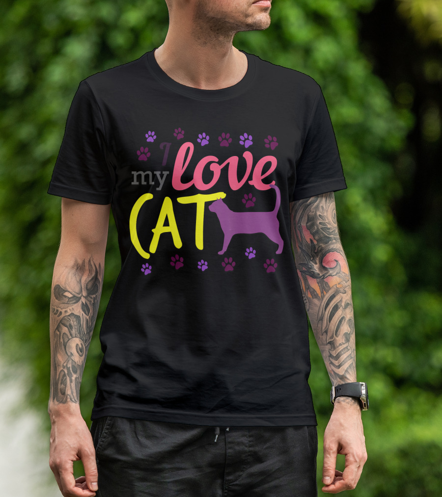 I Love My Cat Feline Owner Cute Pet Purple Paw Prints T-Shirt