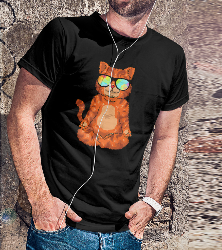Meditating Cat In Colorful Sunglasses Yoga Pose Cute Drawing T-Shirt