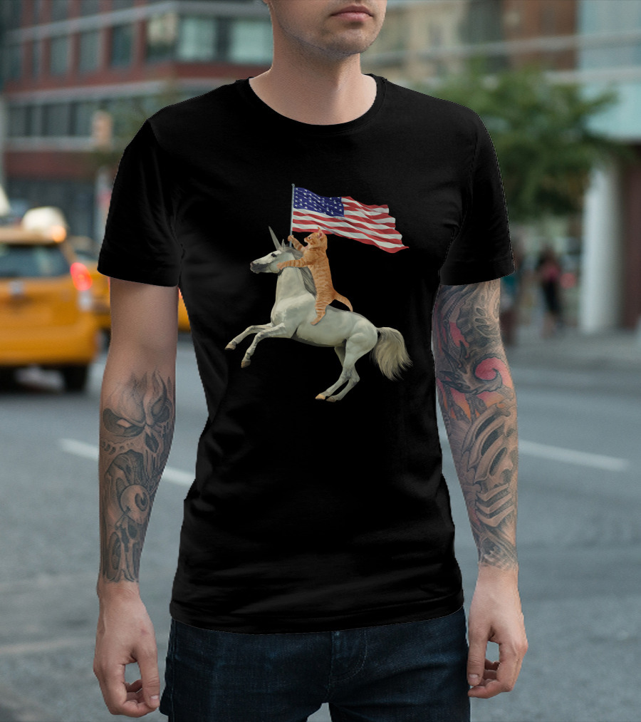 Meowica Unicorn Cat Funny July 4th USA Flag T-Shirt