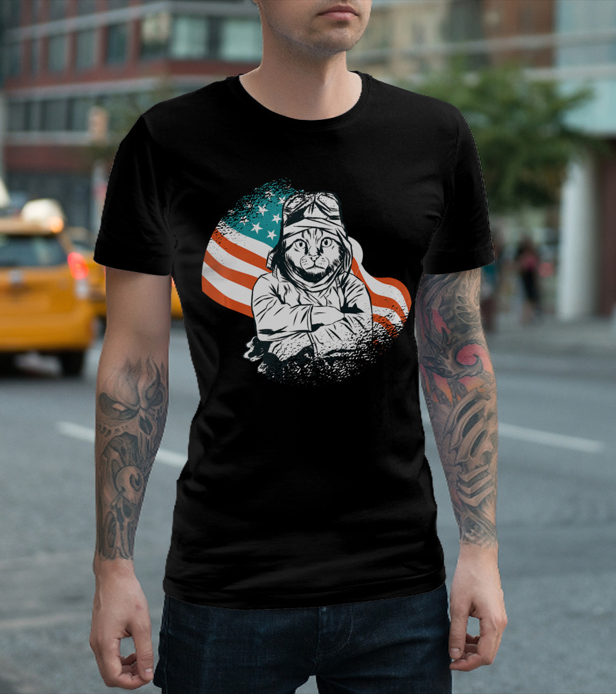Patriotic Cat Aviator With American Flag For Cat Lovers T-Shirt