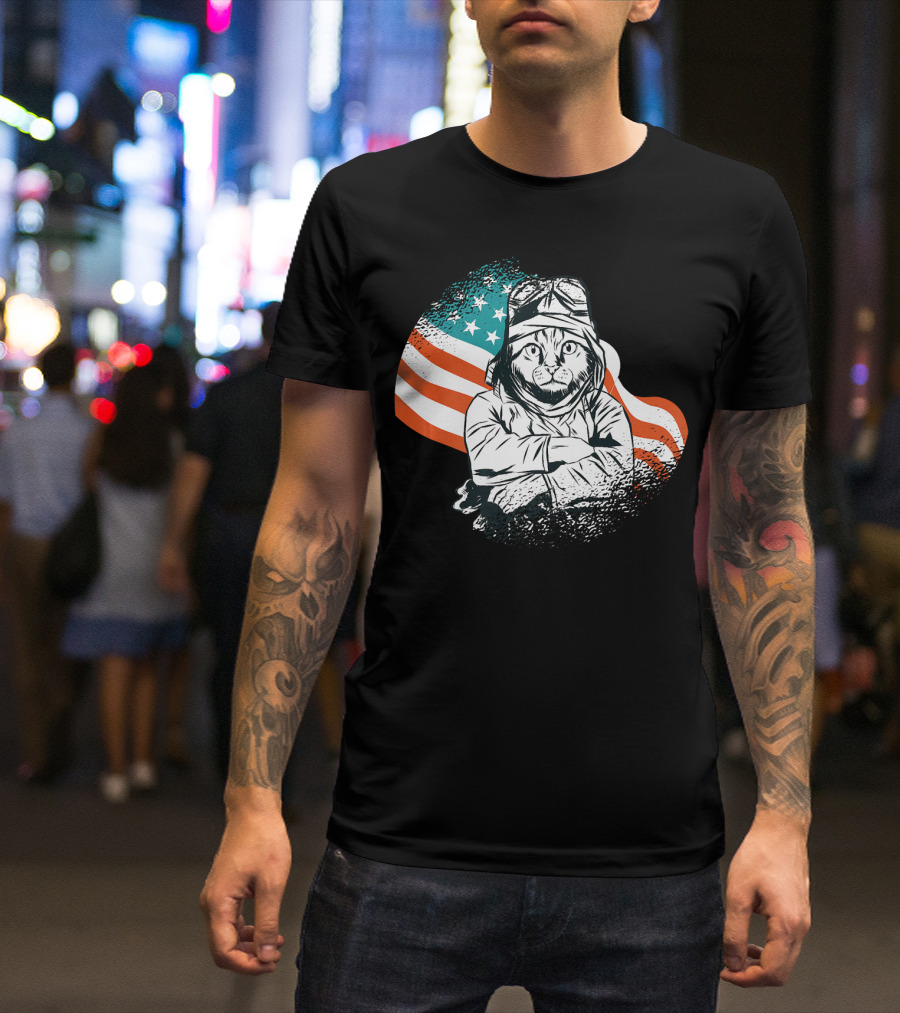 Patriotic Cat Aviator With American Flag For Cat Lovers T-Shirt