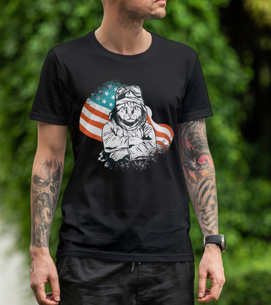Patriotic Cat Aviator With American Flag For Cat Lovers T-Shirt