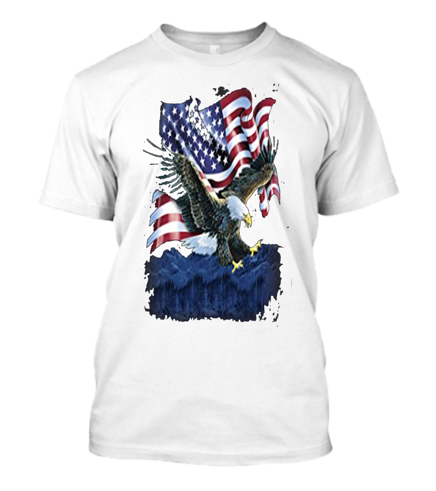 Bald Eagle Over Mountains With American Flag Background T-Shirt