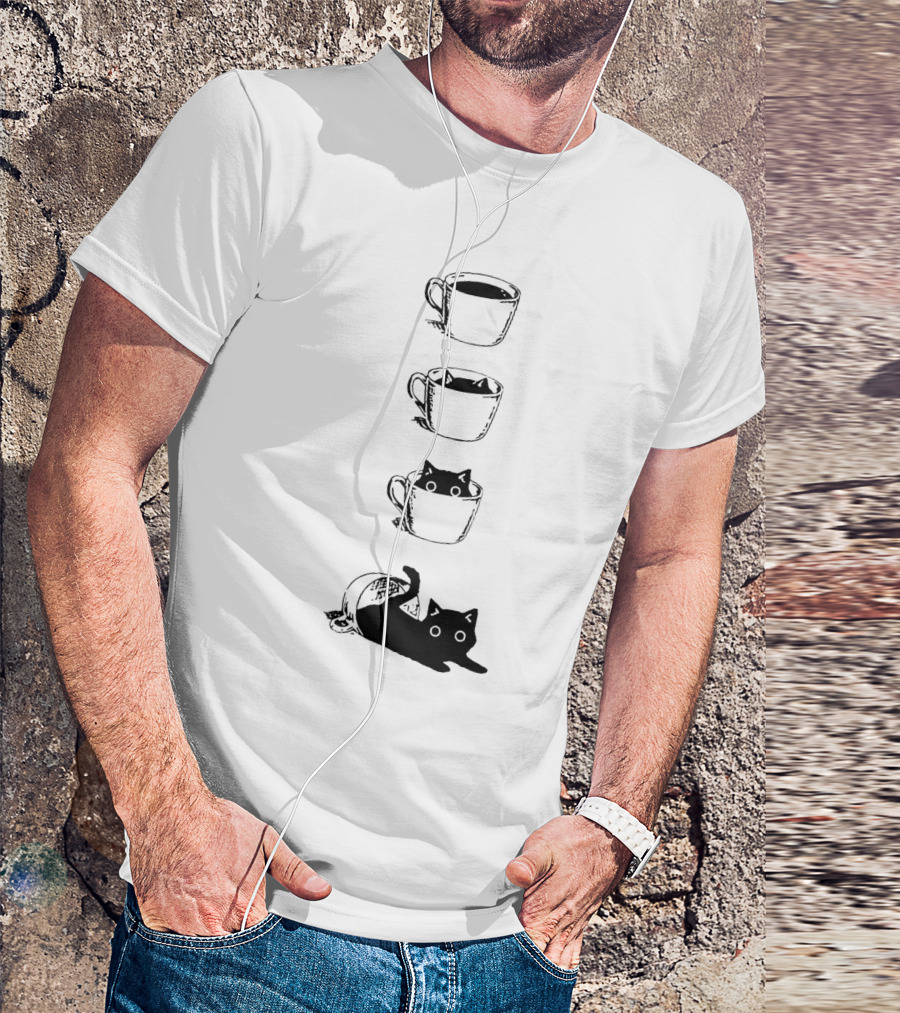Cute Black Cat In Coffee Cups Sequence T-Shirt
