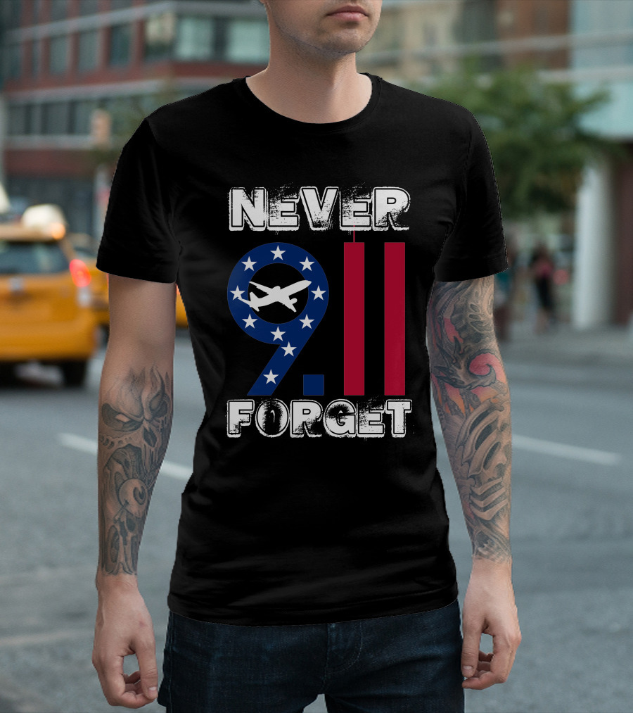 911 Never Forget 9.11 Memorial Remembrance with Stars and Airplane T-Shirt