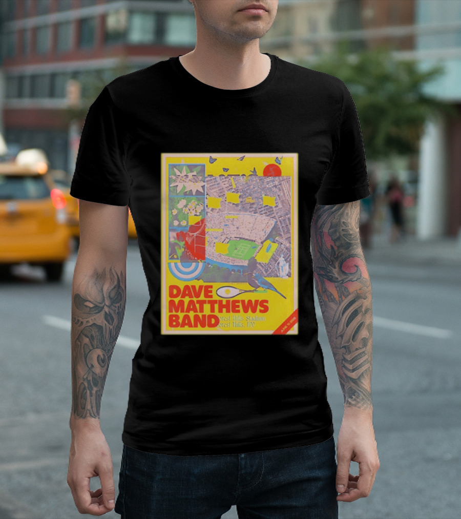 Dave Matthews Band Forest Hills NY 2026 Stadium June 10 Art Collage Stadium Map And Bird T-Shirt