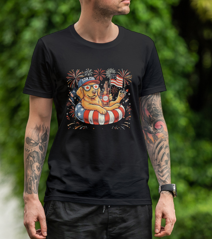 Golden Retriever Beer USA 250 Fireworks American Flag 4th Of July T-Shirt