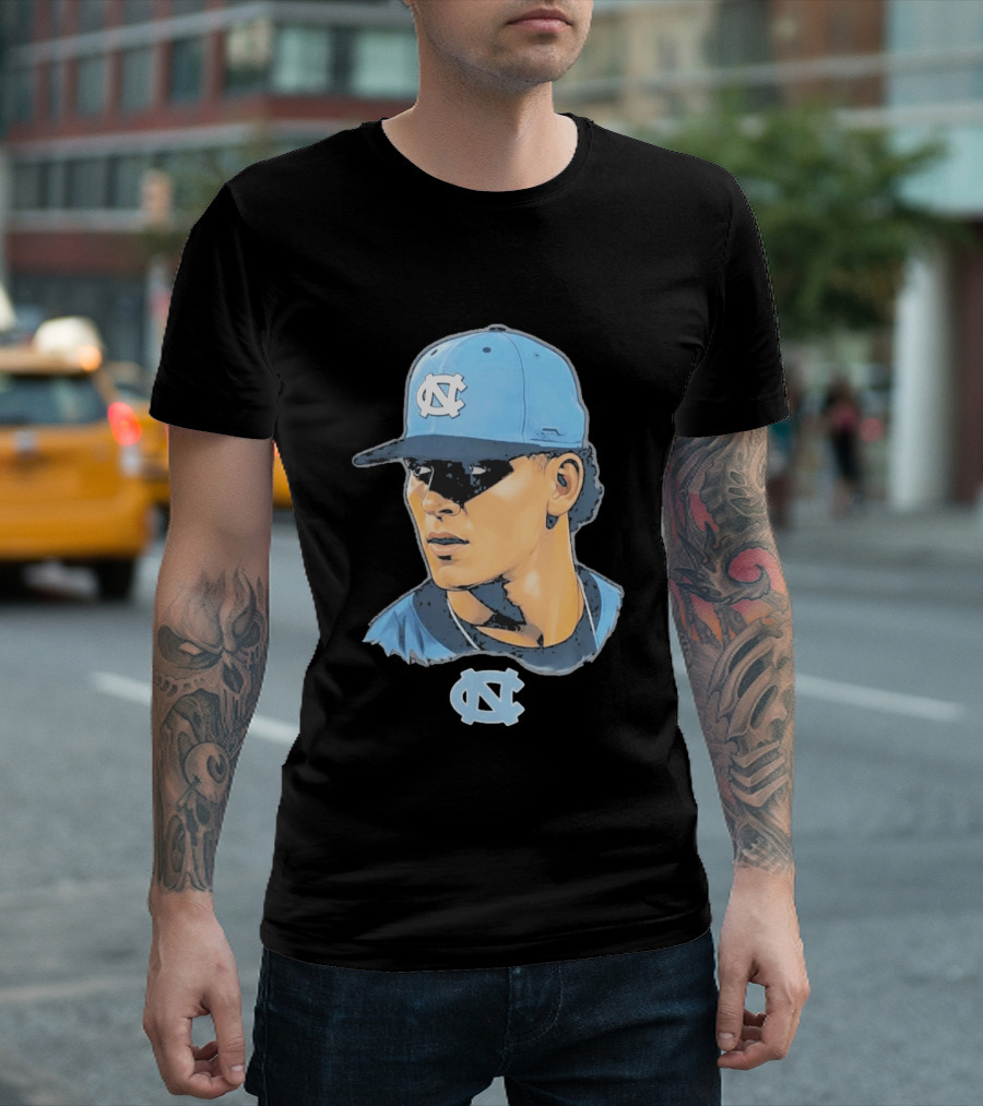 UNC Tar Heels Baseball Portrait Comic Style Navy Blue Cap T-Shirt