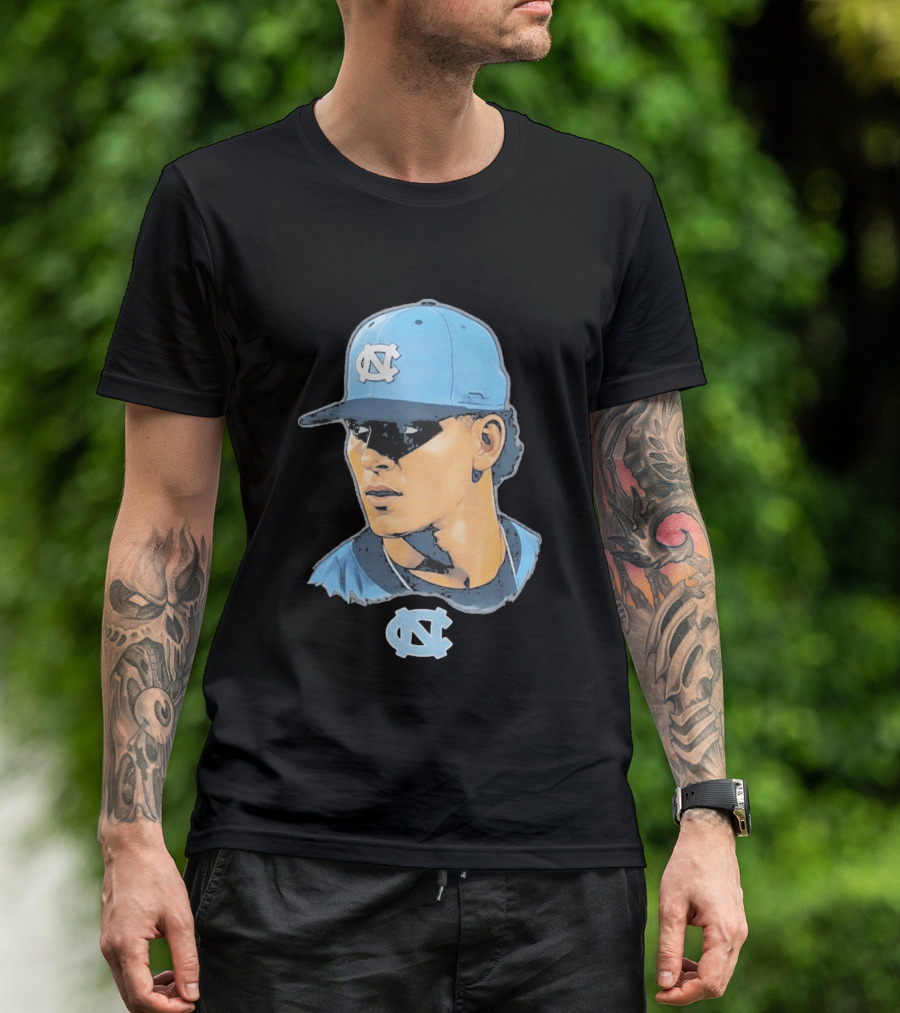 UNC Tar Heels Baseball Portrait Comic Style Navy Blue Cap T-Shirt