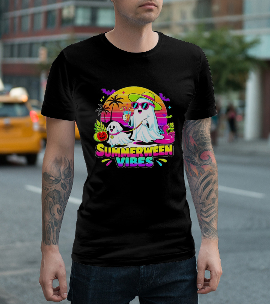 Summerween Vibes Ghost Walking Dog Retro Sunset Tropical Beach Party T-Shirt