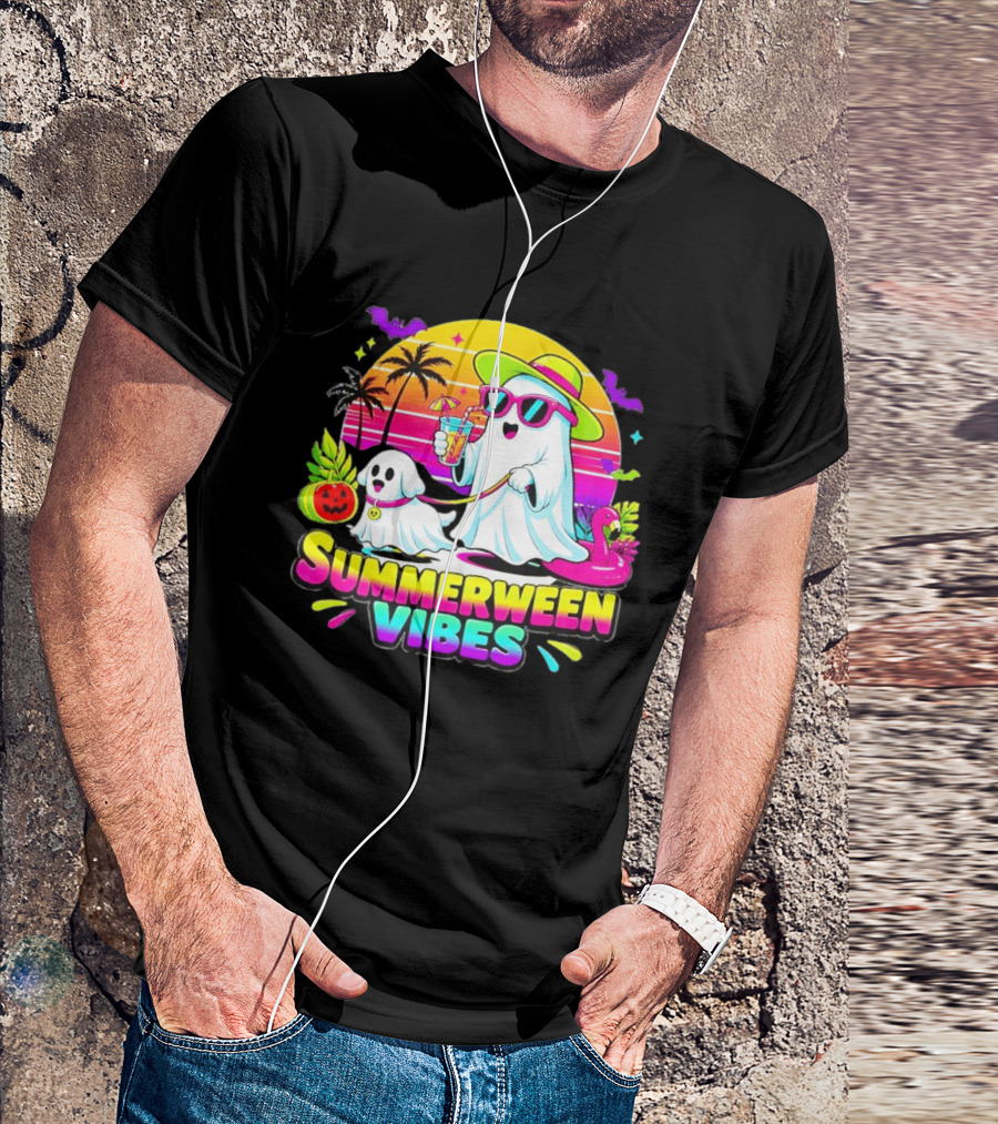 Summerween Vibes Ghost Walking Dog Retro Sunset Tropical Beach Party T-Shirt