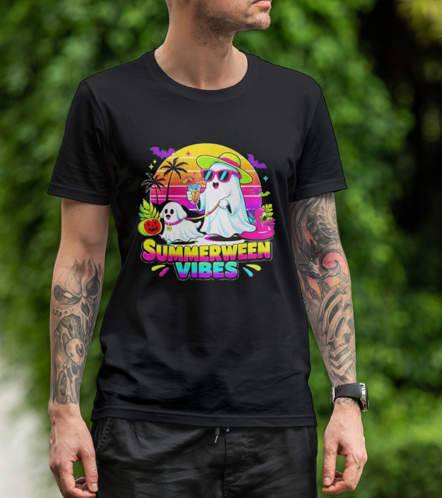 Summerween Vibes Ghost Walking Dog Retro Sunset Tropical Beach Party T-Shirt