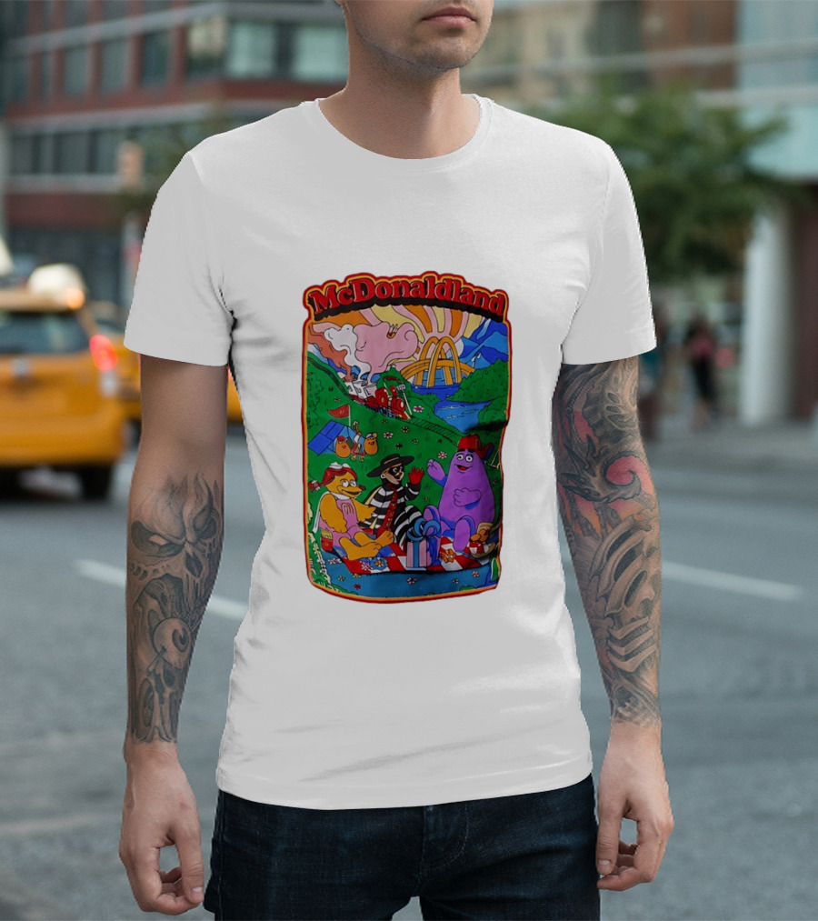 McDonaldland Hamburglar Grimace Birdie Picnic Train Scene T-Shirt