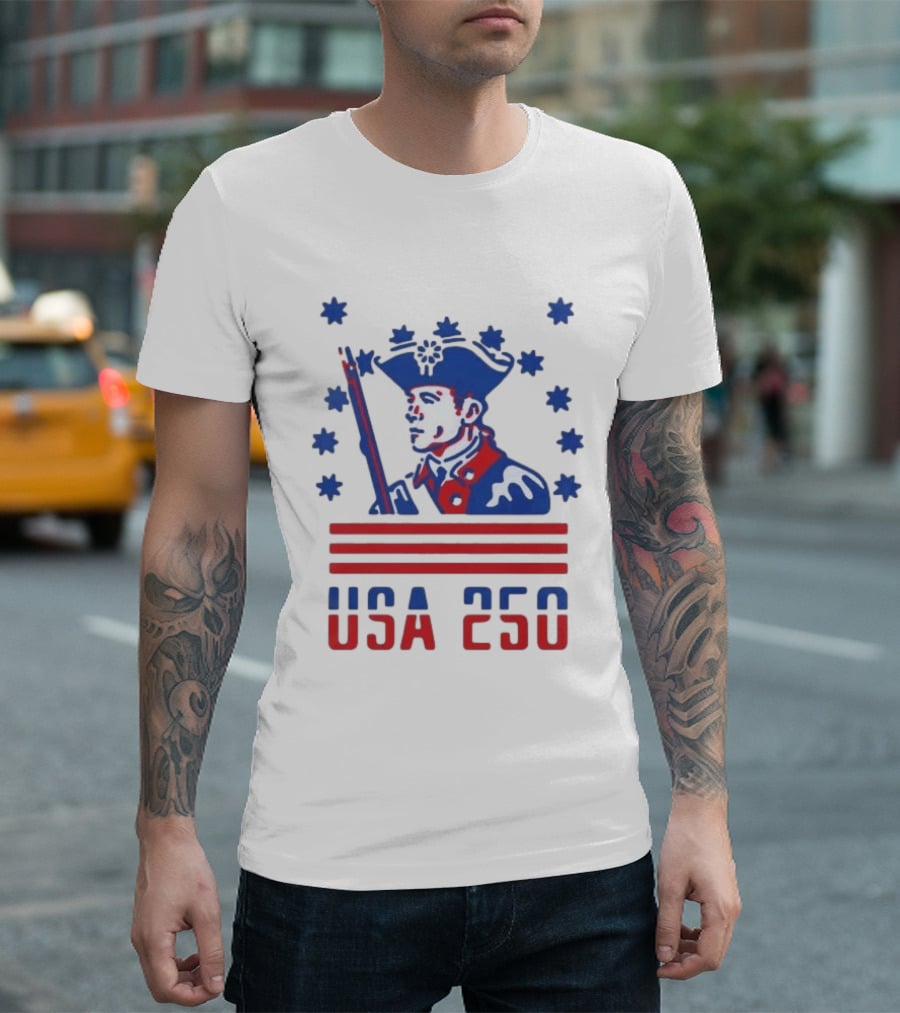 USA 250 Patriot America 250th Anniversary Revolutionary Soldier Stars Stripes T-Shirt
