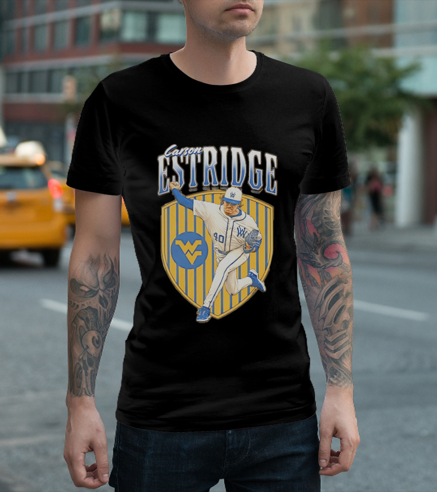 West Virginia Carson Estridge Baseball Running Pose T-Shirt