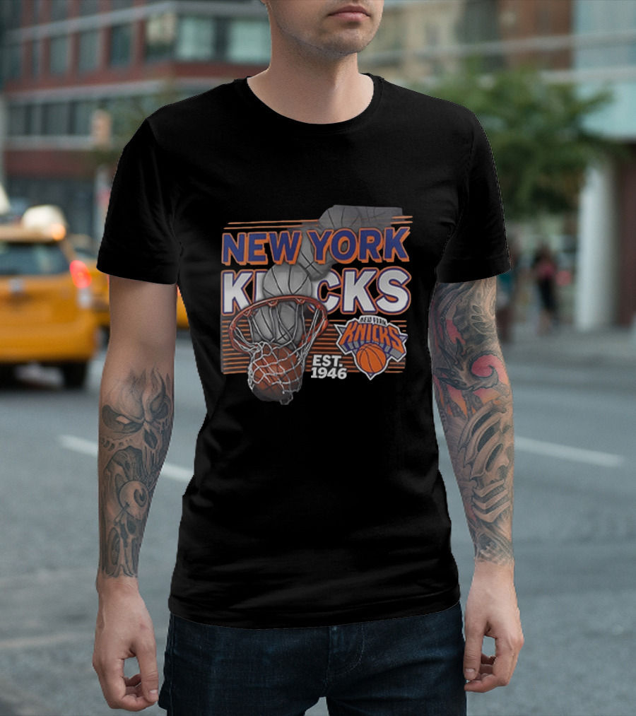 New York Knicks Basketball Hoop Net Est 1946 Team Logo 2 Sided T-Shirt