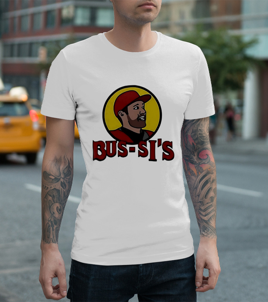 Bus Si's Baseball Player Cartoon Logo Design White T-Shirt