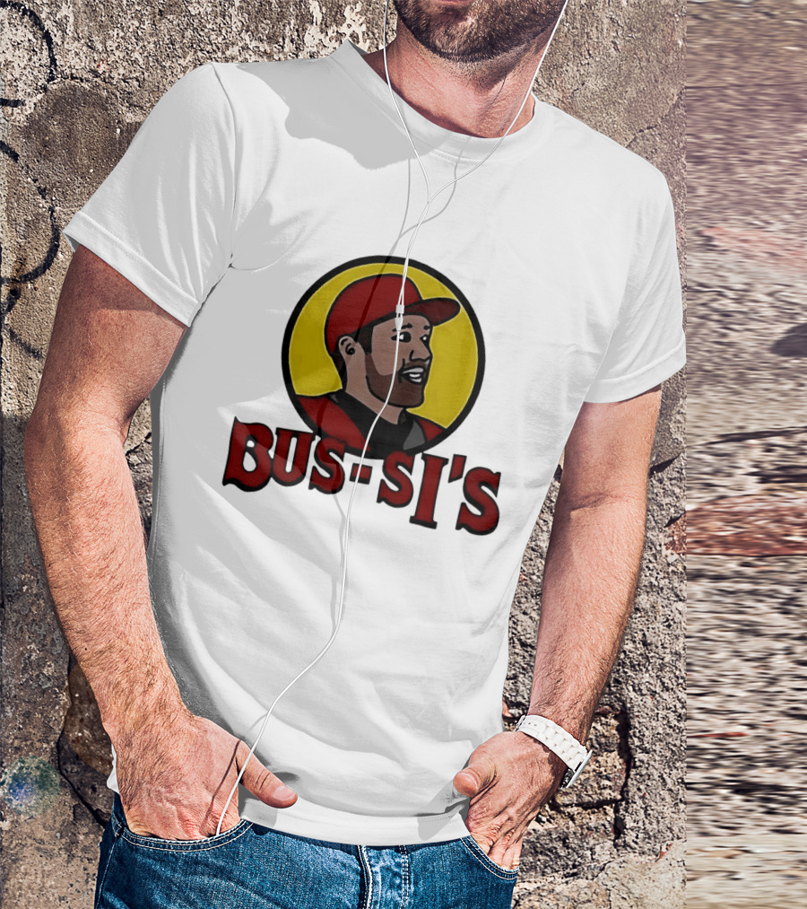 Bus Si's Baseball Player Cartoon Logo Design White T-Shirt