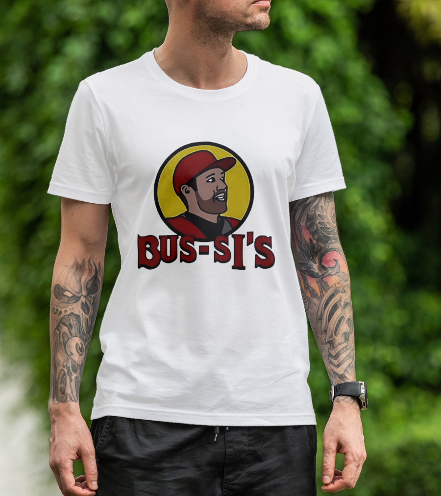 Bus Si's Baseball Player Cartoon Logo Design White T-Shirt