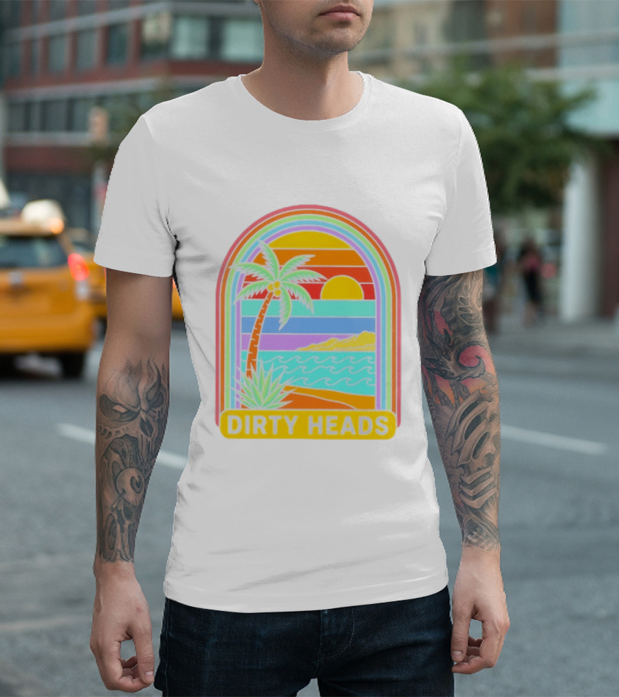 Dirty Heads Tropical Beach Palm Tree Rainbow Arch Sunset T-Shirt