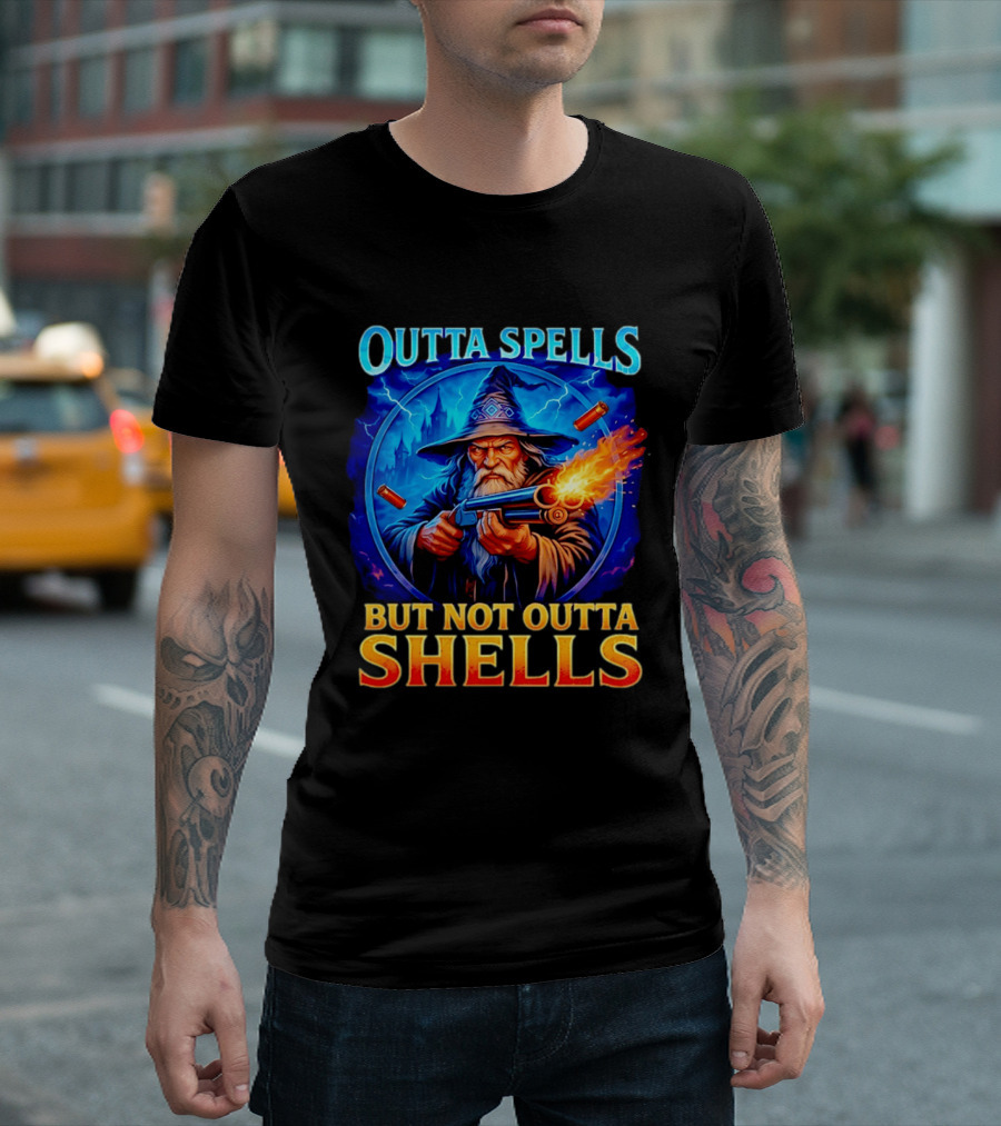 Outta Spells But Not Outta Shells Wizard With Gun Fantasy Humor T-Shirt