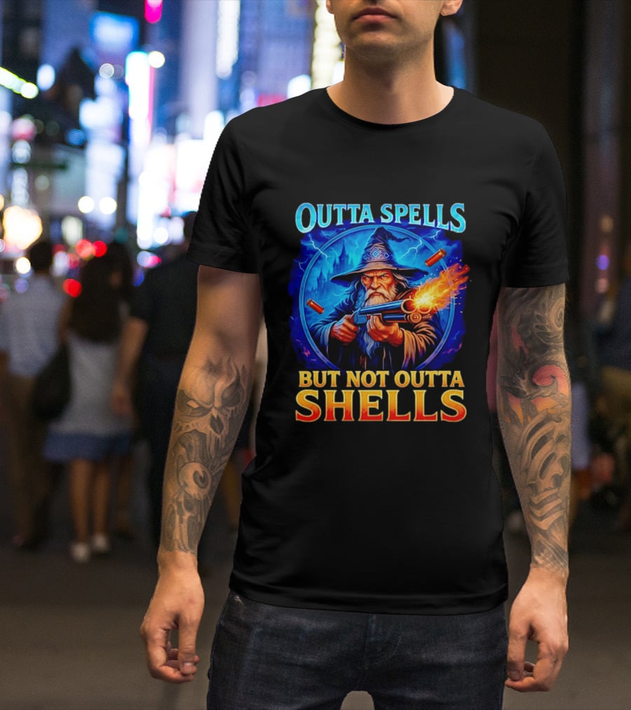 Outta Spells But Not Outta Shells Wizard With Gun Fantasy Humor T-Shirt