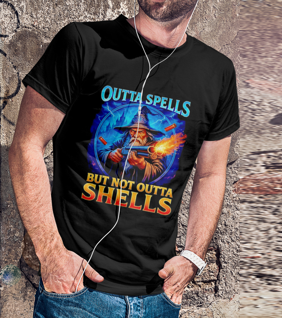 Outta Spells But Not Outta Shells Wizard With Gun Fantasy Humor T-Shirt