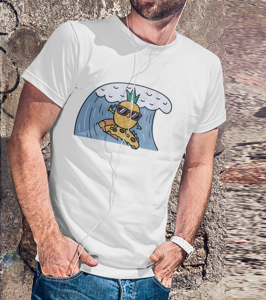 Pineapple Surfing On Pizza Slice Ocean Wave With Sunglasses Cartoon T-Shirt
