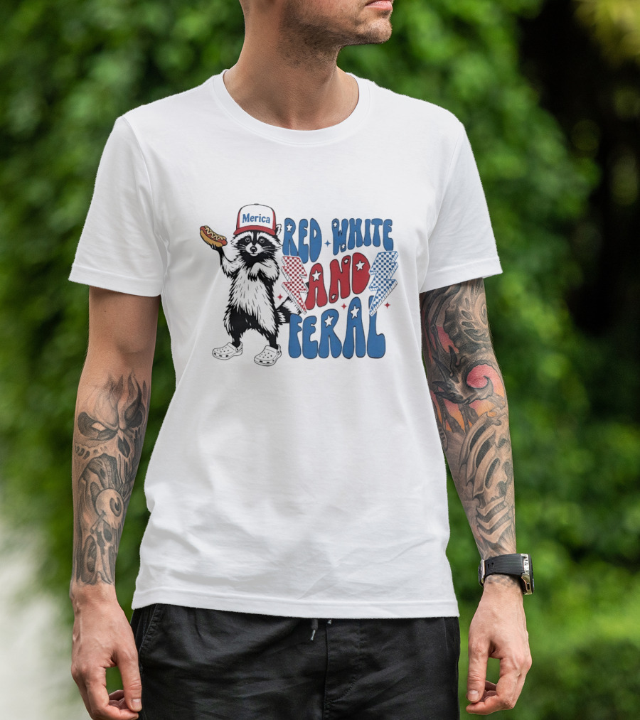 Red White And Feral Raccoon Hotdog Merica Cap Lightning Bolts Patriotic T-Shirt