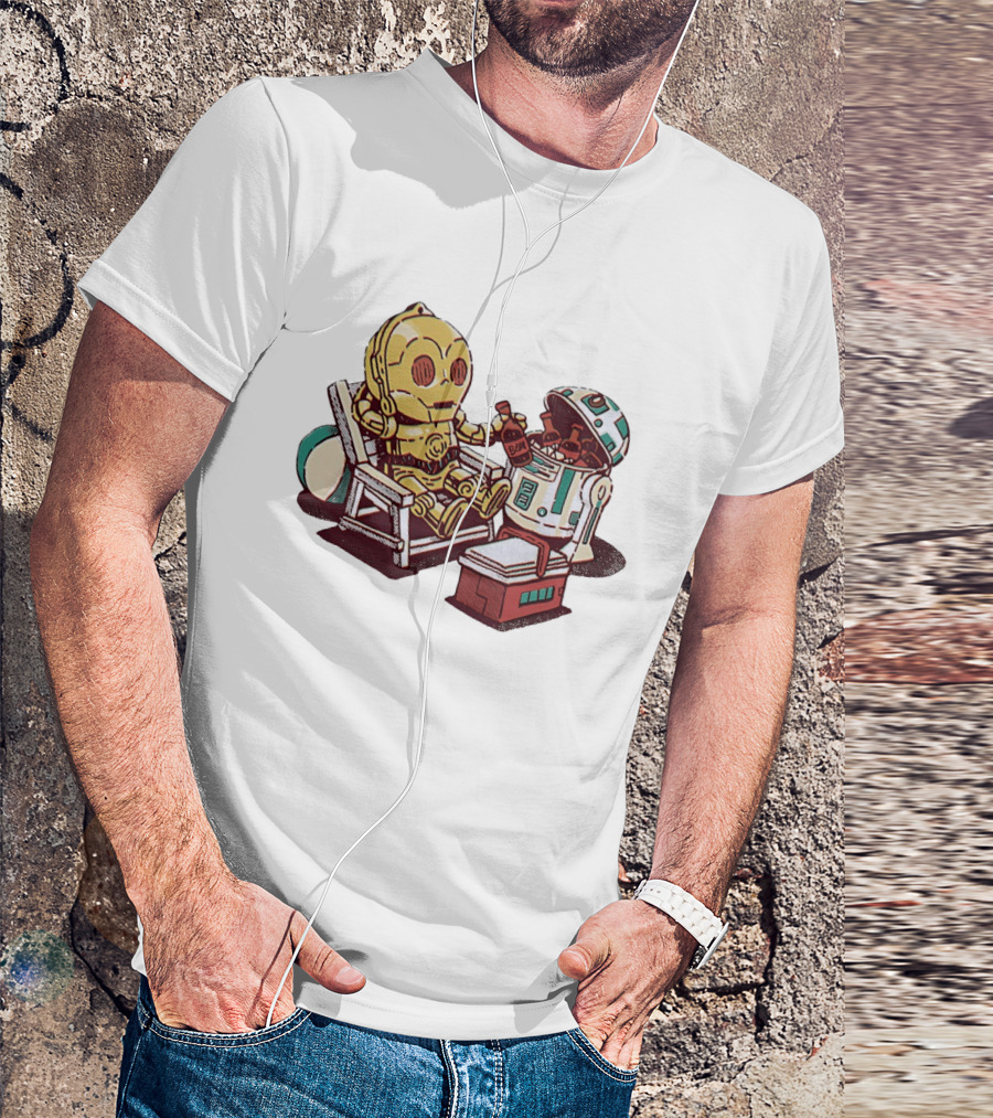 Stay Buddy Two Robots Relaxing Beach Chair Sci Fi Humor T-Shirt