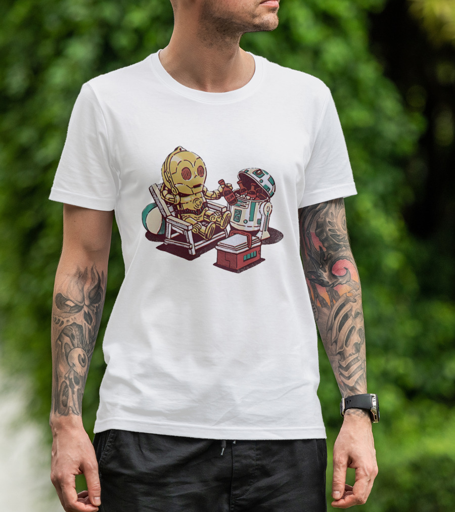 Stay Buddy Two Robots Relaxing Beach Chair Sci Fi Humor T-Shirt