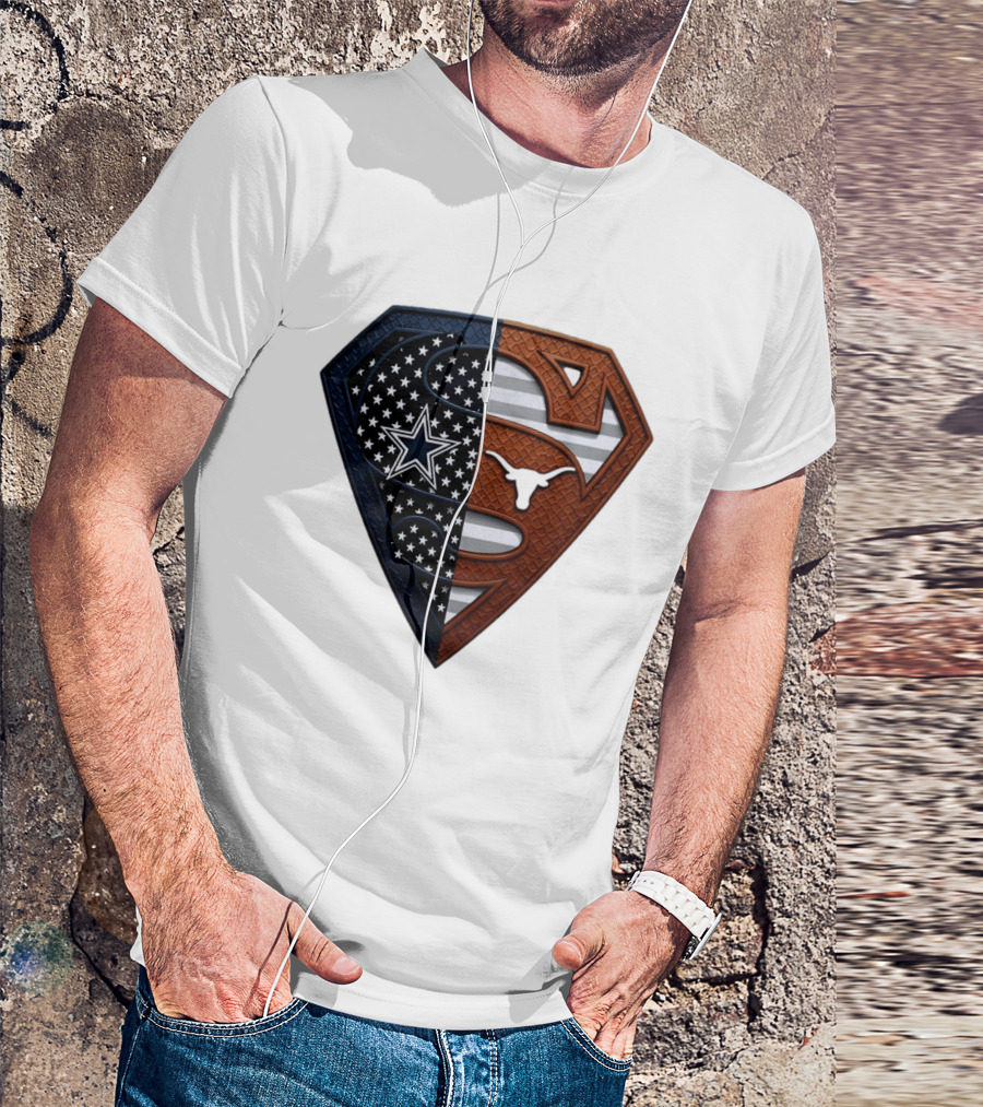 Dallas Cowboys Texas Longhorns Superman Shield Split Dual Icon Emblems T-Shirt