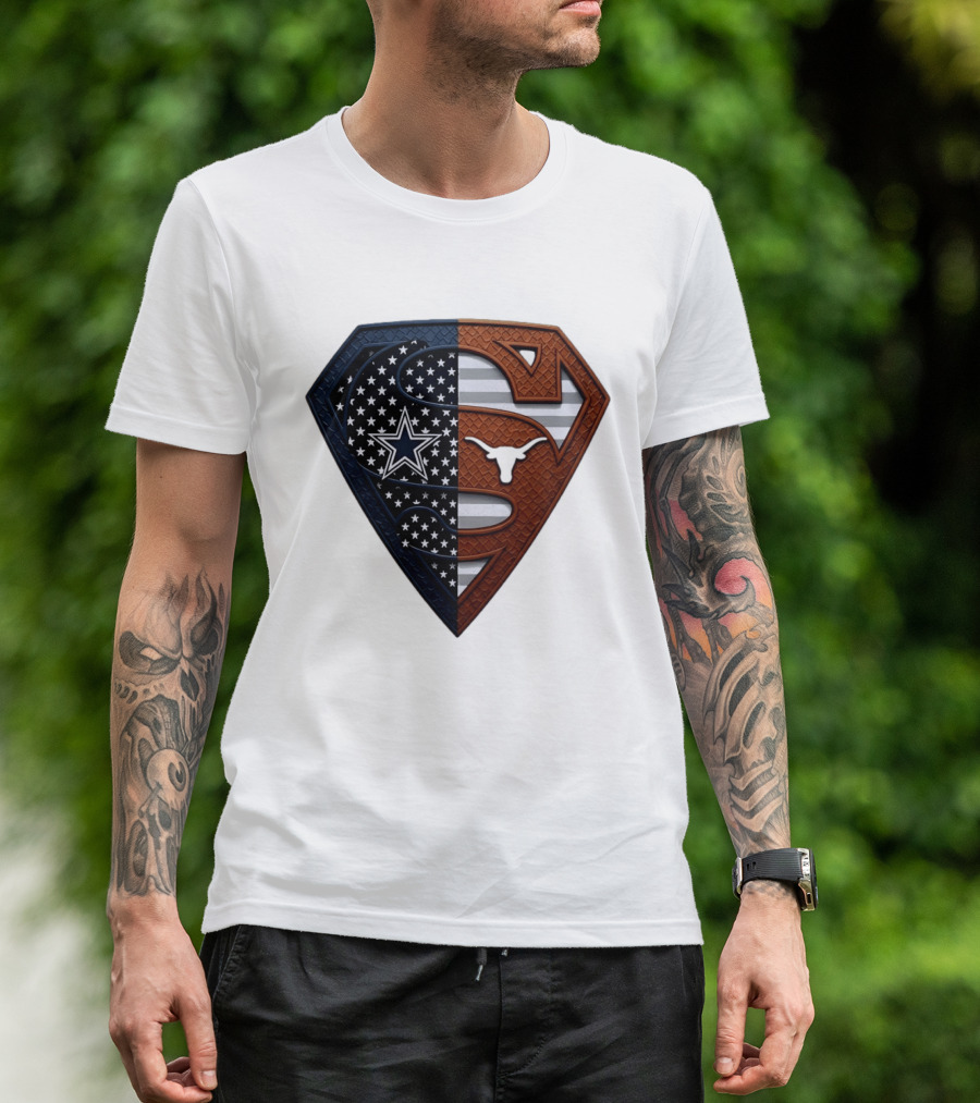 Dallas Cowboys Texas Longhorns Superman Shield Split Dual Icon Emblems T-Shirt